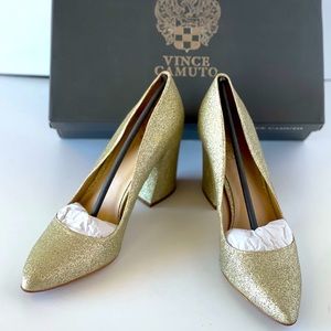 Vince Camuto Heels Gold Glitter Talise Dress Pumps Chunky Block Heels  Sz 7.5M